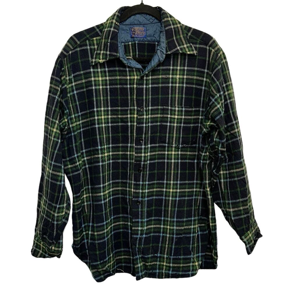 Vintage Pendleton Wool Plaid‎ Shirt XL Green Distressed Button Up USA